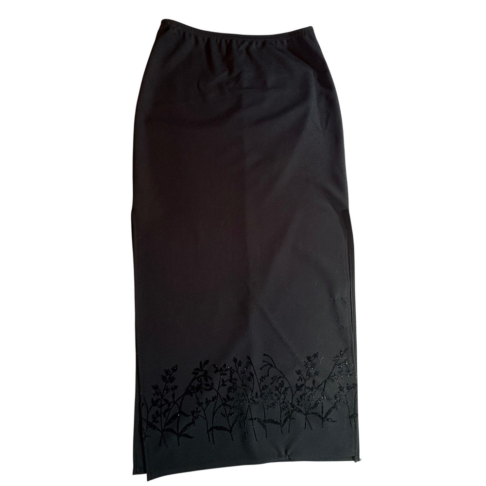 Exact Change Maxi Skirt Womens Large Black Glitter Floral Elastic Waist USA Made